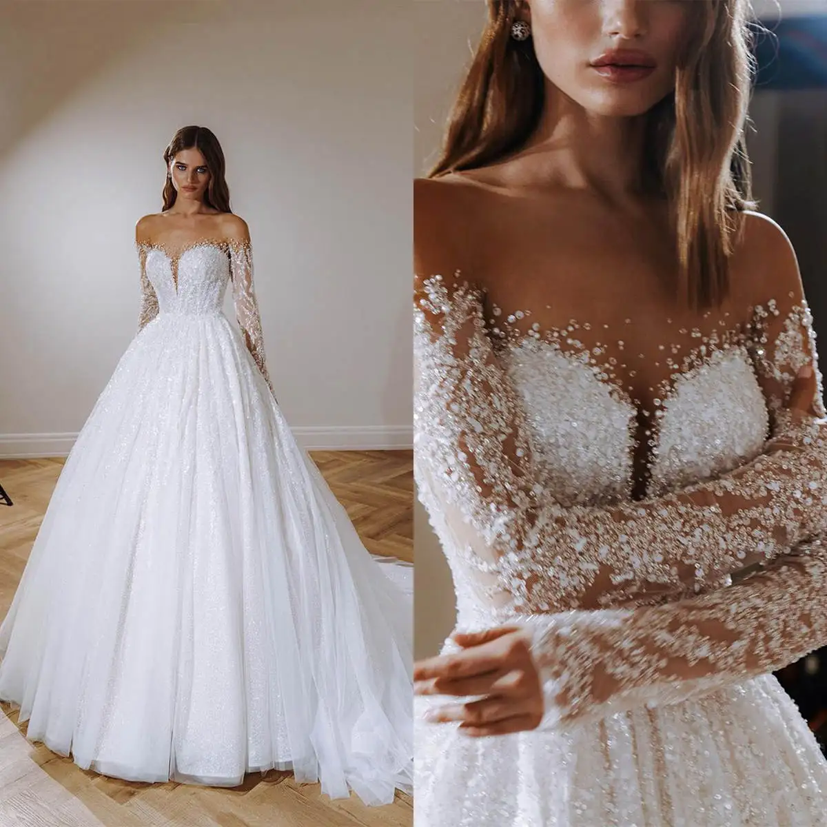 

Sparkling Wedding Dress A-Line Strapless Sequined Long Sleeve Chapel Train Elegant Bride Vestido De Noiva Custom Made