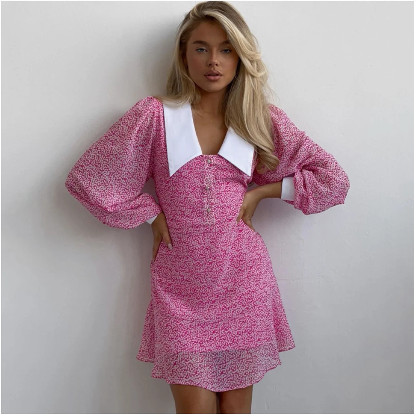

Printed Doll Neck Long Sleeve Bubble Waist Dress Elegant Evening Gown for Women High Quality Material KTV Suitable Dress