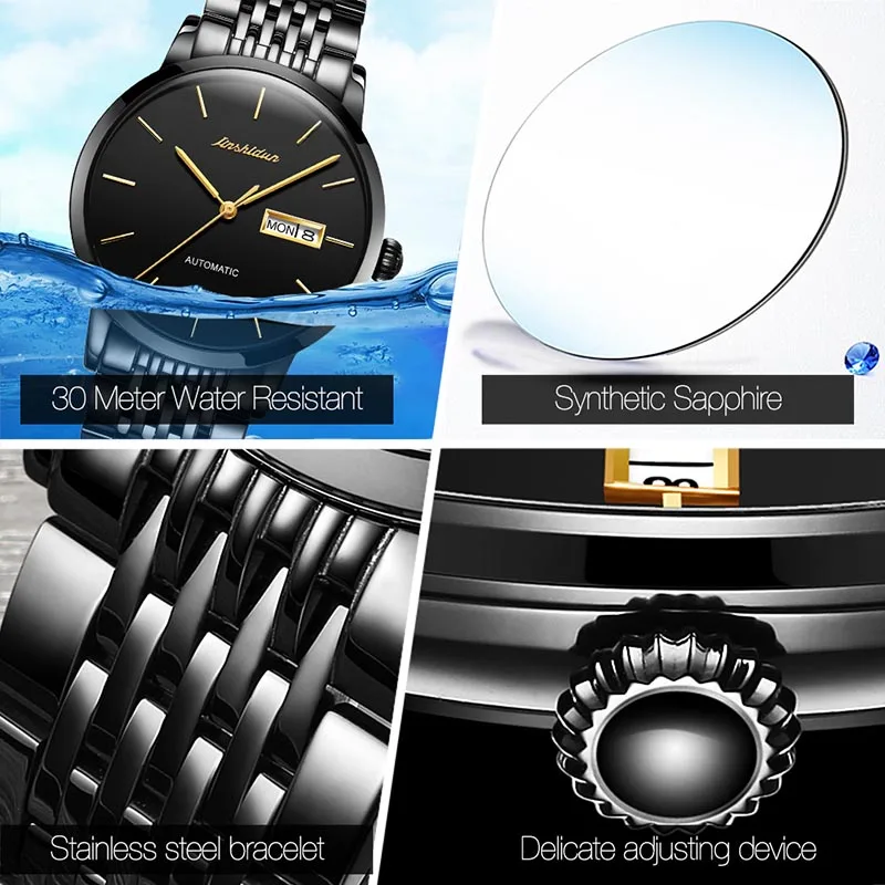 JSDUN Black All Steel Mechanical Watch Men 2023 New Fashion Business Watches Luminous Weekly Calendar Display Relogio Masculino