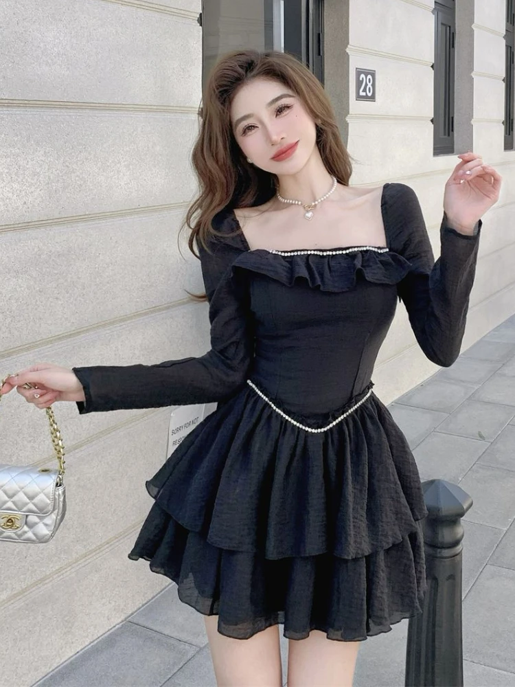 Mini abito da donna con volant design a vita alta dolce ragazza tenera abito da ballo morbido moda coreana manica lunga versatile nuovo abbigliamento da festa