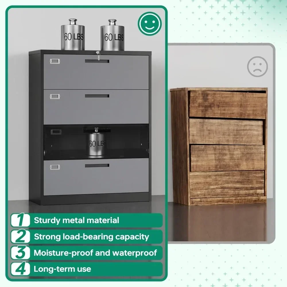 4 Drawer Lateral Metal Filing Cabinet with Lock-File Cabines-Organization Storage Cabinets for Home Office-Hanging Letter/Legal