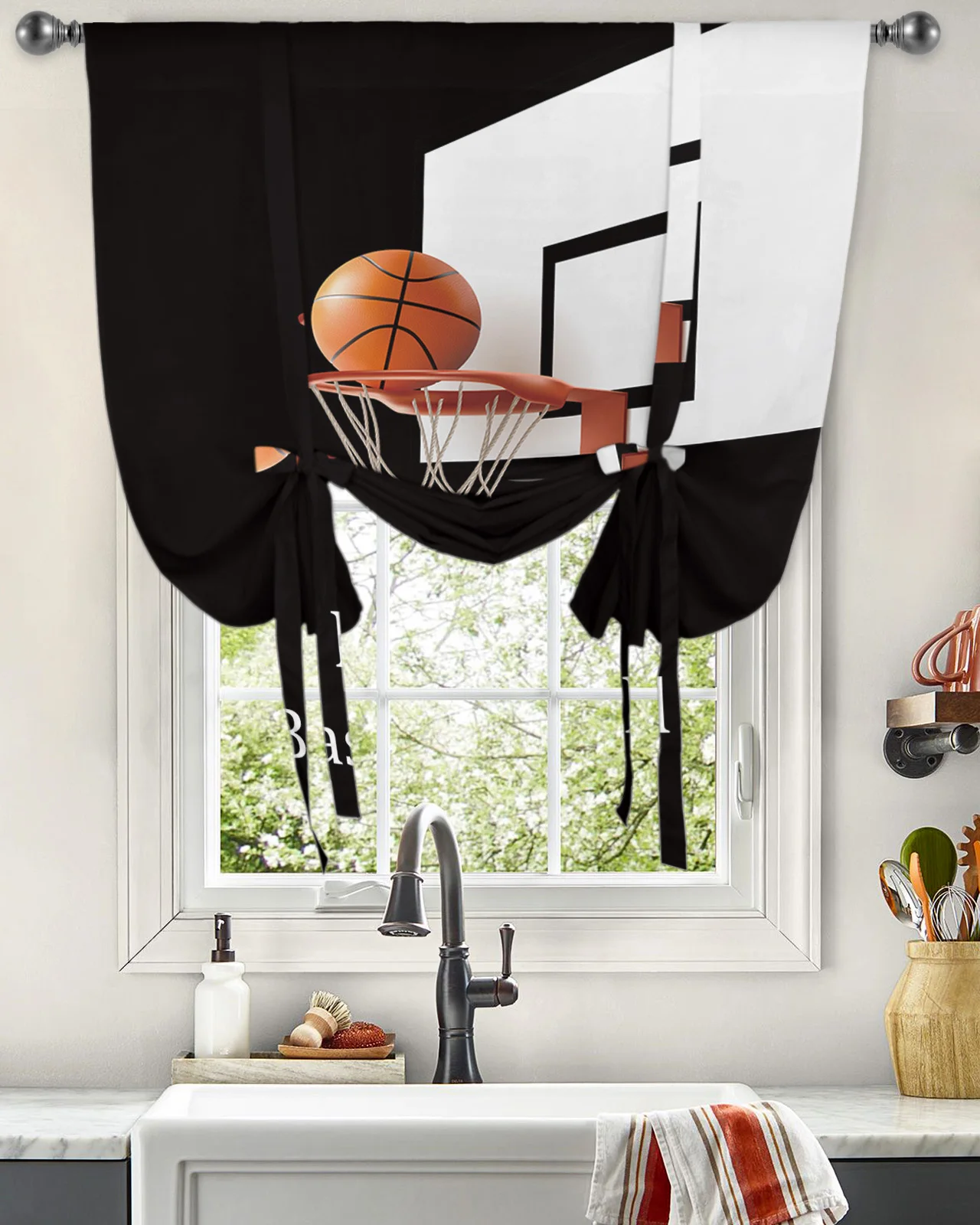 Basketball Sport Black Curtain for Living Room Kitchen Tie-up Short Curtains Adjustable Rod Pocket Drapes