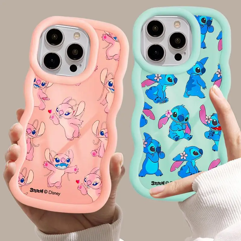 Luxury DisneyCute Angel Stitch Macaron Waves Phone Case for iPhone 15 14 13 12 11 pro Max XS XR X 7 8 plus Soft Candy Cover