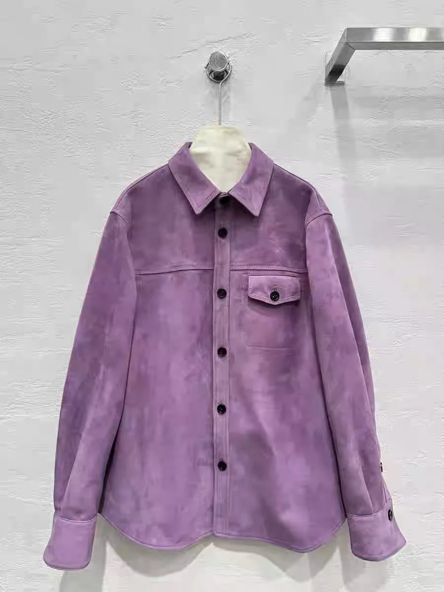 Kurtka damska w stylu retro z owczej skóry, brązowa, na rok 2025, modny dziecięcy płaszcz z zamszu, streetwear, damska kurtka w stylu koszuli z kołnierzem.