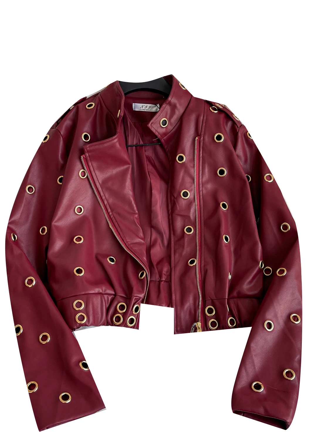 Cool Faion ort Leather Jaet Cappotto lungo da donna con cerniera lunga con colletto alla coreana, design ad anello in metallo scavato, cappotto piccante per ragazza