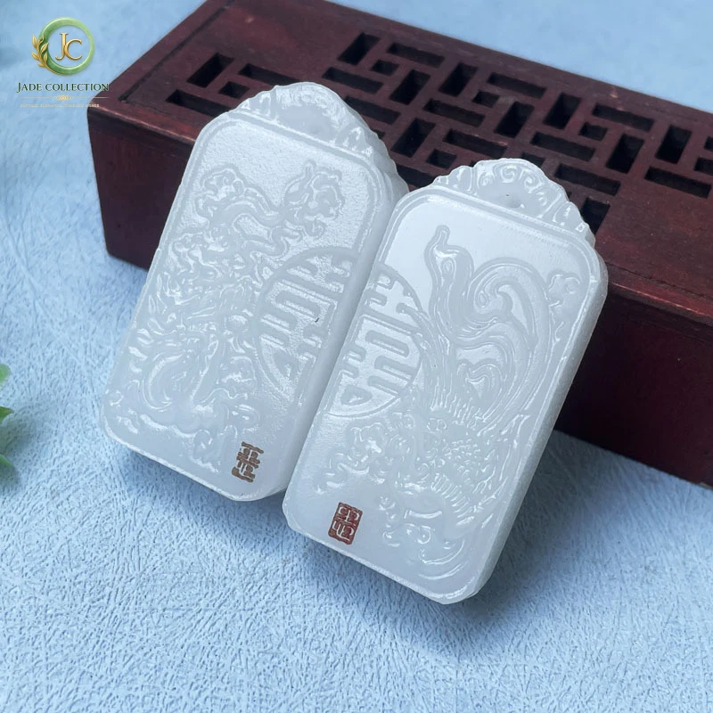 Afghan white jade double happiness dragon and phoenix pendant for men and women, jade jewelry for couples, suitable for business