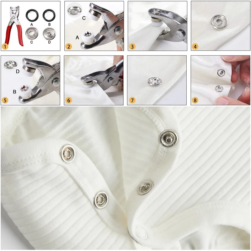 PWS 200 Sets Snap Buttons Rompers Snaps Craft Pliers Tool Prong Buckle Metal Ring Button Snaps Sewing Craft 9.5Mm, 10 Colors