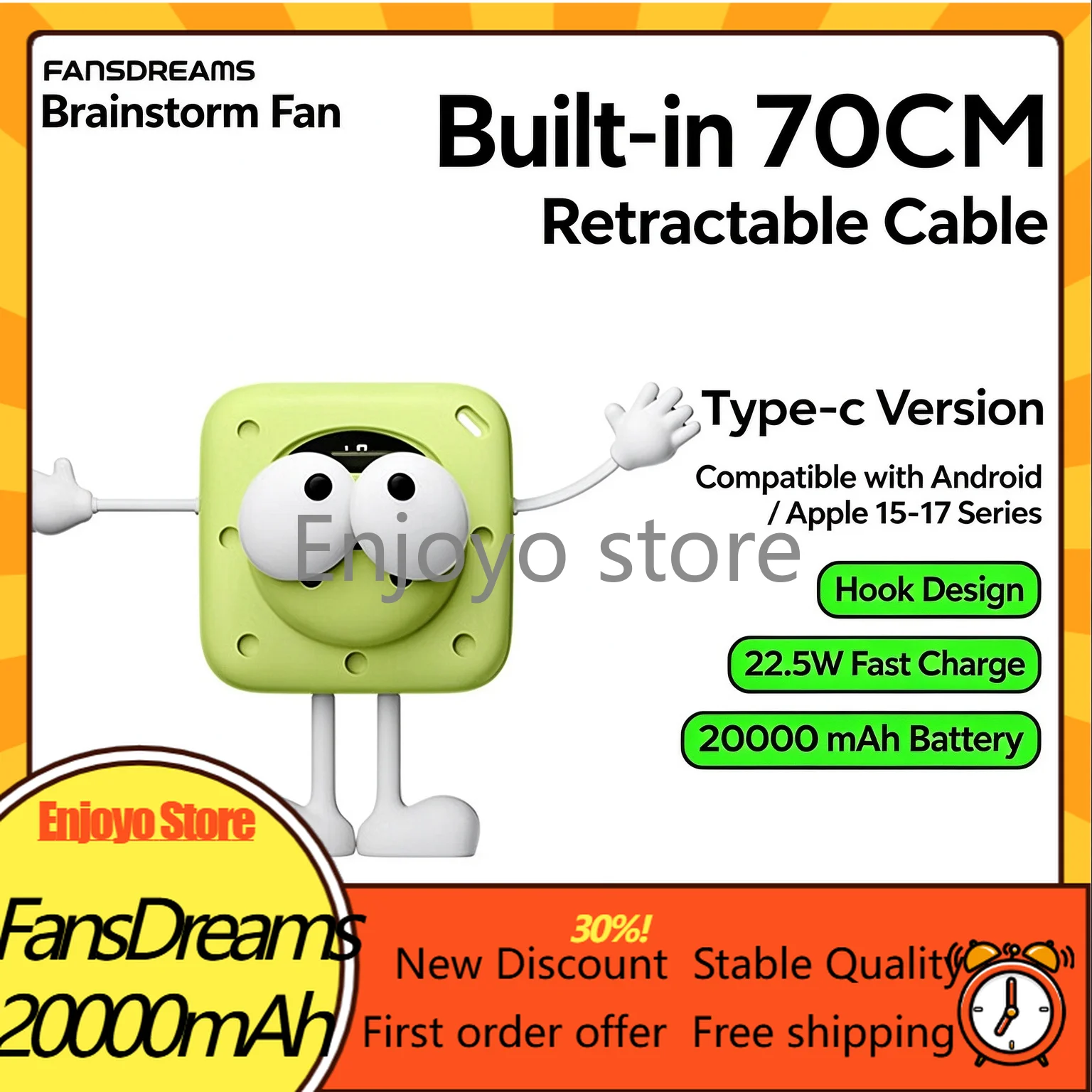 Stock FansDreams 20000mAh Power Bank Built-in 70CM Retractable Cable Fast Charging Powerbank Flight Safe 3C for IPhone Android