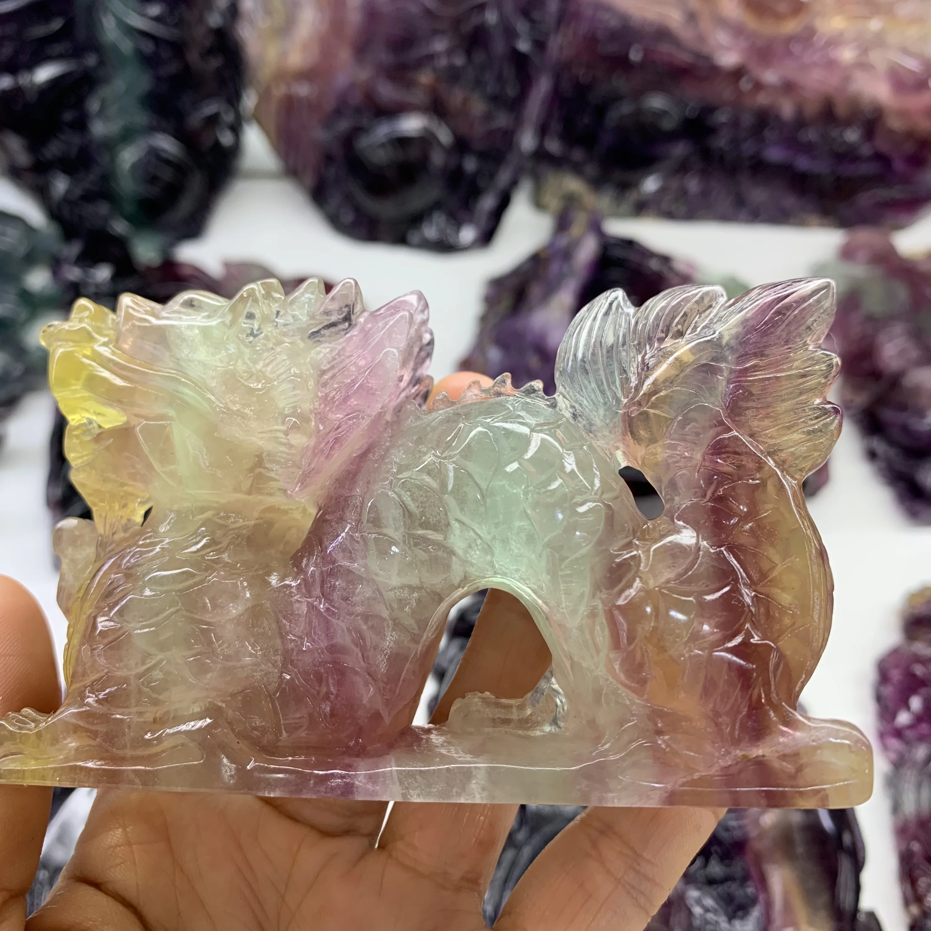 Natural Rainbow Fluorite carved Dragon Figurine loong Art Craft Collection