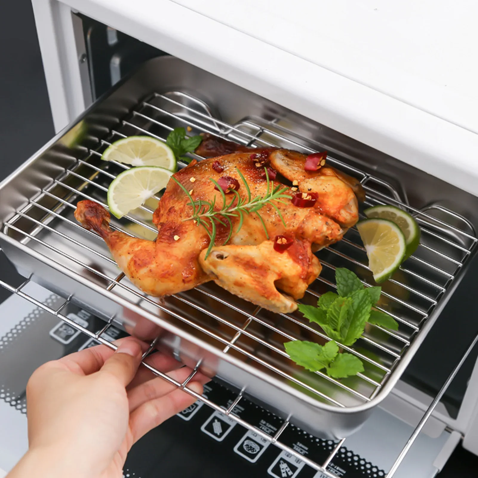 Stainless Steel Baking Tray Set with Grill 304 Stainless Steel Rectangular Cooling Rack Grilling Tools BBQ Safe Small Grill