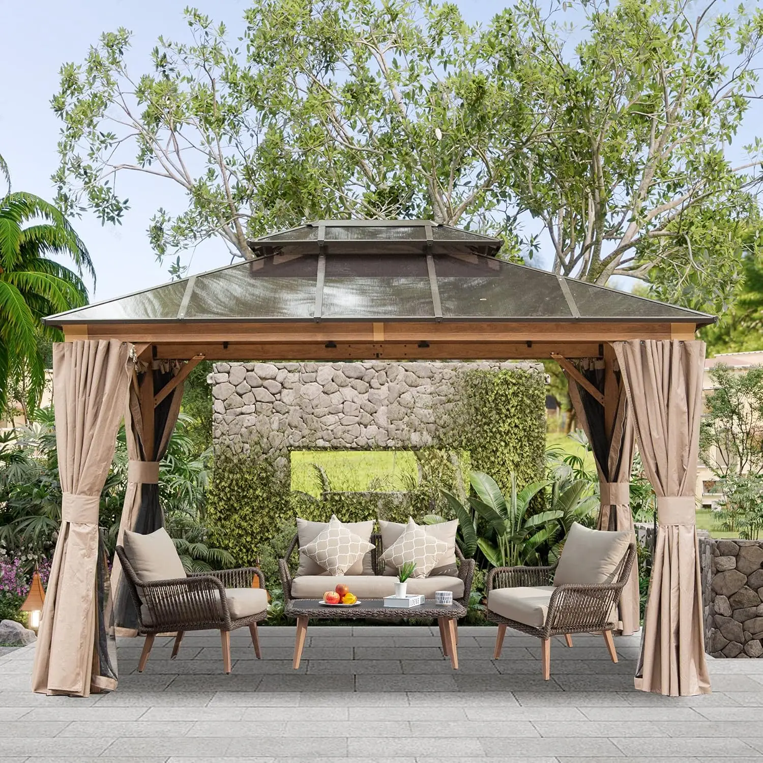 

Domi 10' X 12' Hardtop Gazebo with Polycarbonate Double Roof, Aluminum Frame, Curtains & Netting, All-Weather Backyard, Custom