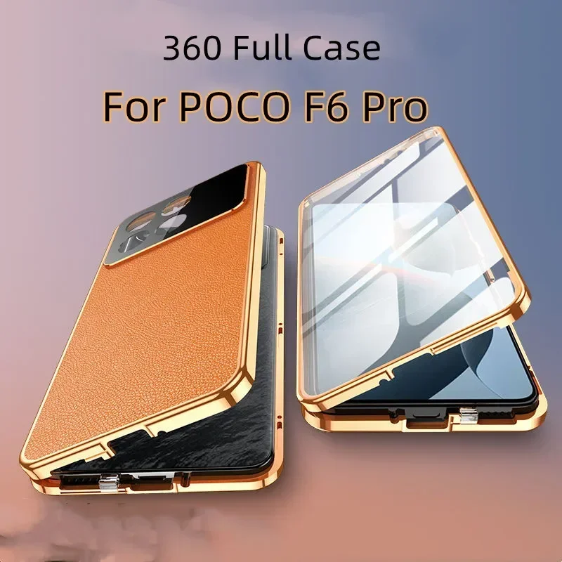 

Leather Back Metal Phone Case Snap Lock for Poco X7 F7 Ultra F6 X6 Pro Tempered Glass Full Lens Protection Cover Phone Cases