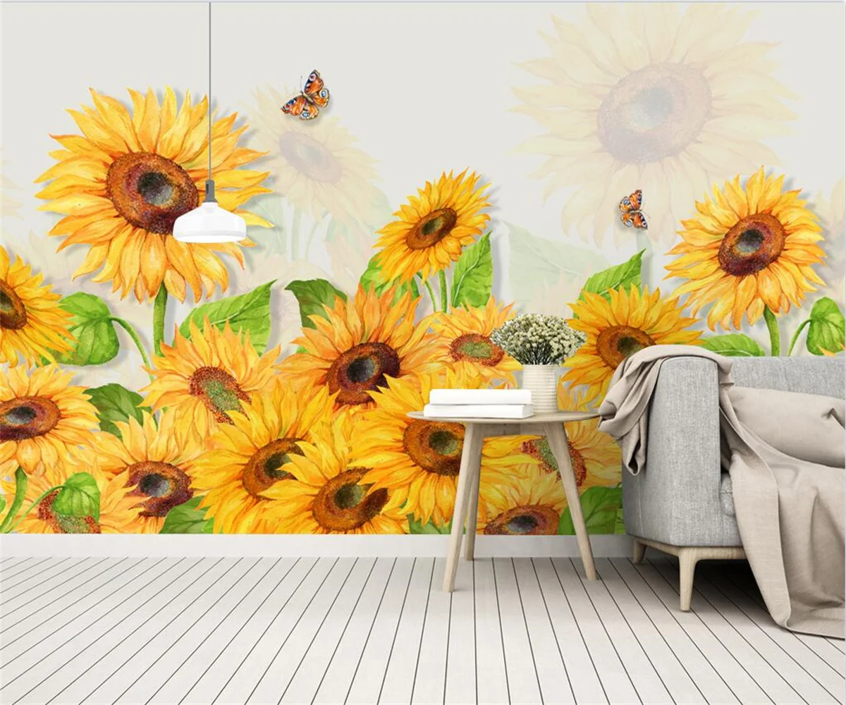 

Customize any size 3d wallpaper Nordic simple small fresh hand-painted sunflower flower watercolor Butterfly photo mural