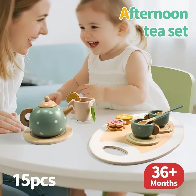 Wooden Afternoon Tea Set Toy Kitchen Accessories Tea Party Food Role Play Early Educational Toys for Toddlers Girls Boy Kid Gift
