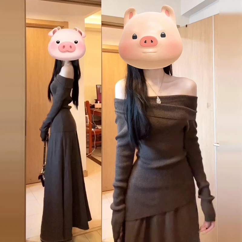 

Новый женский вязаный комплект Ele: осенне-зимнее платье с одним открытым плечом, длинное, в японском стиле, приталенное, для повседневной носки