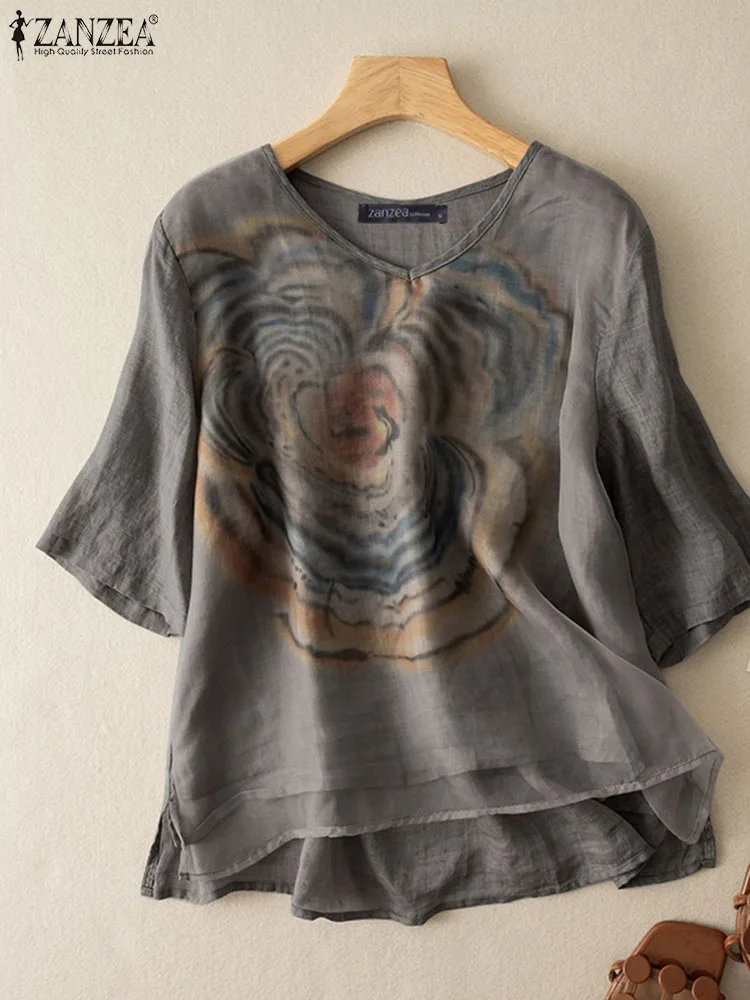 ZANZEA-Chemisier Vintage à Imprimé Floral pour Femme, Tunique Élégante, Col en V, Manches 3/4, Décontractée, Été