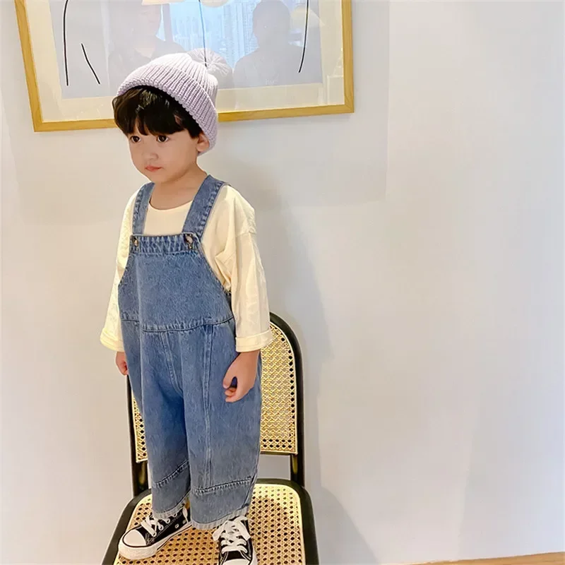 

2021 New Children Loose Overalls boys girls casual all-match denim Trousers Autumn Solid Outwear 1-7Y Kids fashion bib pants