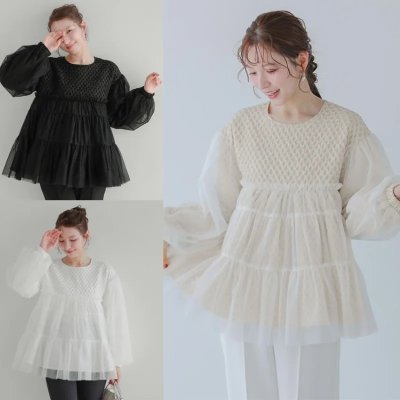 

Japanese Style Mesh Splicing Loose Women's Shirts Spring Autumn New Korean Solid Color Long Sleeve Casual Pullover Blouses Tops