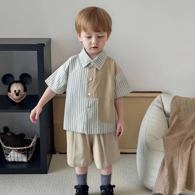 

2025 New Summer Children's Striped Splicing Khaki Patch Short Sleeved Shirt and Shorts Two-piece Set
