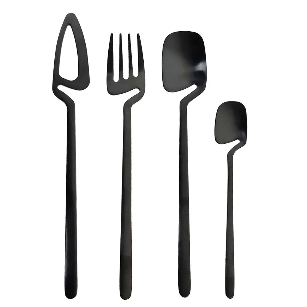 1/4Pcs Tableware Set Spoon Fork Knife Cutlery Sets kitchen Tool Ice Cream Desserts Tea Coffee Use Kitchen Dinnerware Black