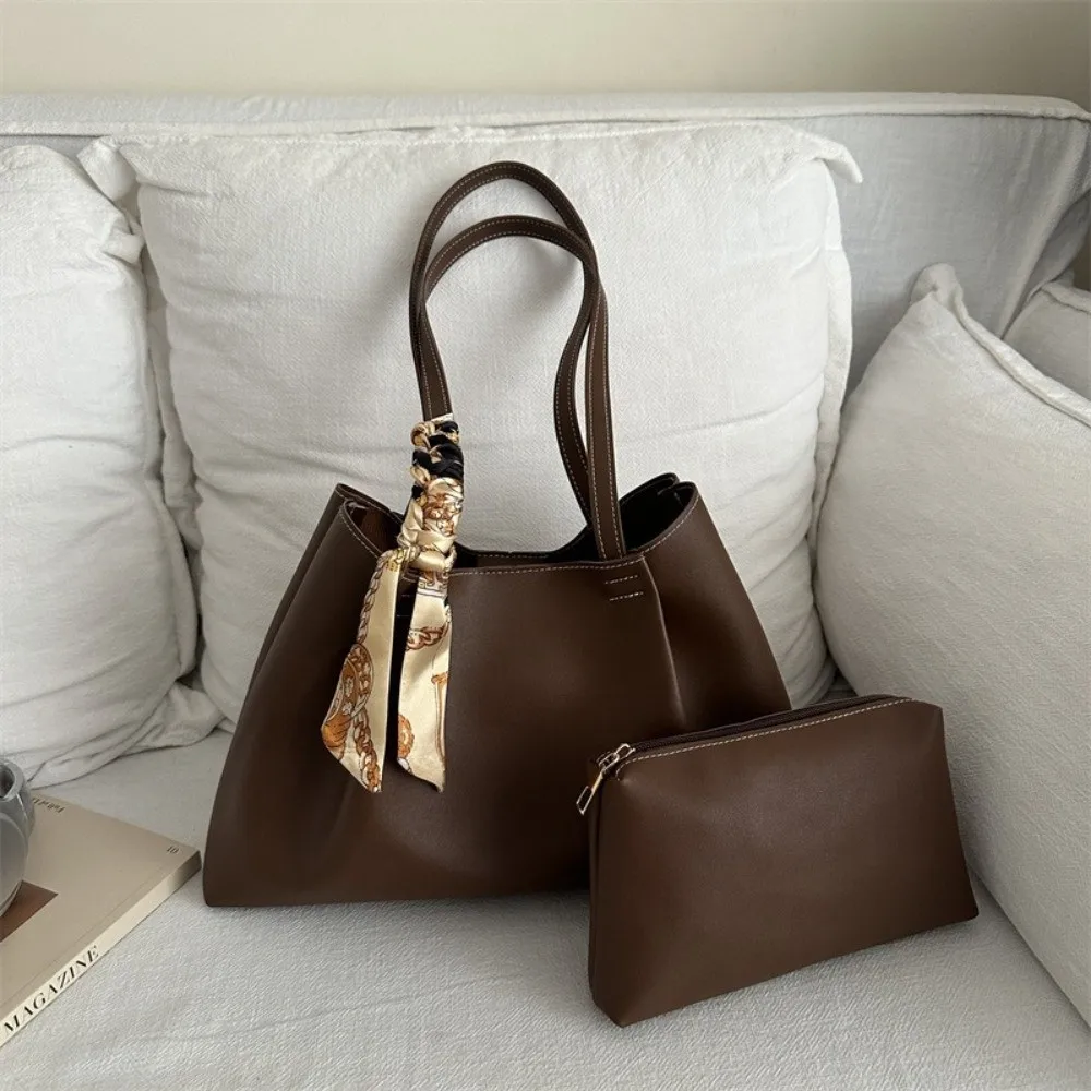 

Retro Ribbon Design Large Capacity Tote Bag Soft Waterproof PU Shoulder Bag Handbag Versatile Underarm Bag Daily