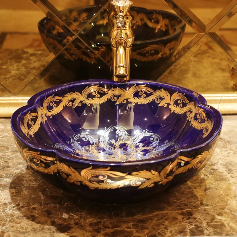 China Painting handmade wash basin Bathroom vessel sinks counter top flower shape blue glazed gold pattern chinese bowl sink