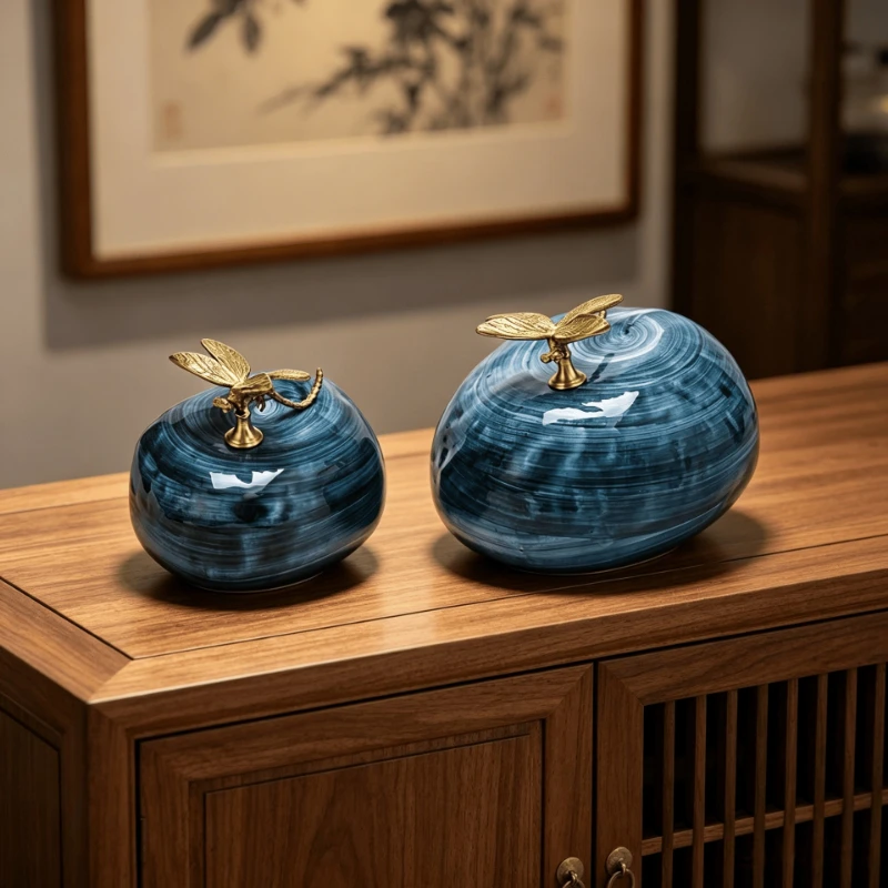 Zen ceramic dragonfly blue glaze landscape pattern stone ornament living room entrance model room light