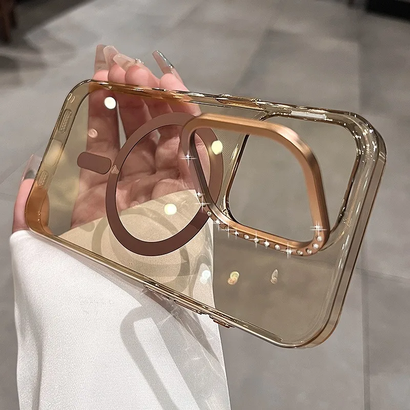 Чехол для телефона Magsafe с магнитным защитным кронштейном для iPhone 14, 15, 16 Pro Max Magsafe, прозрачный акриловый жесткий чехол с бриллиантами