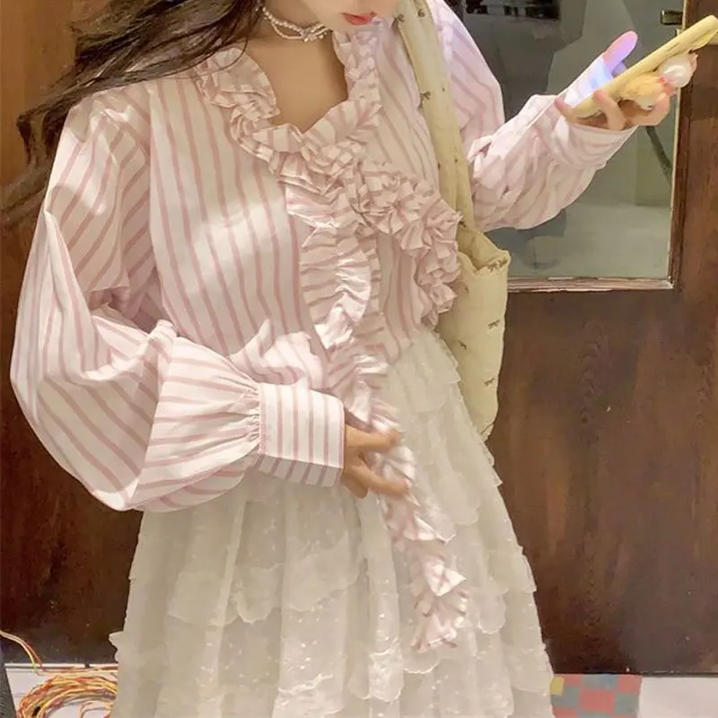 Female Clothing Pink Striped Shirts Casual V-Neck Spring Autumn Fashion Folds Patchwork Sweet Loose Korean Long Sleeve Blouse