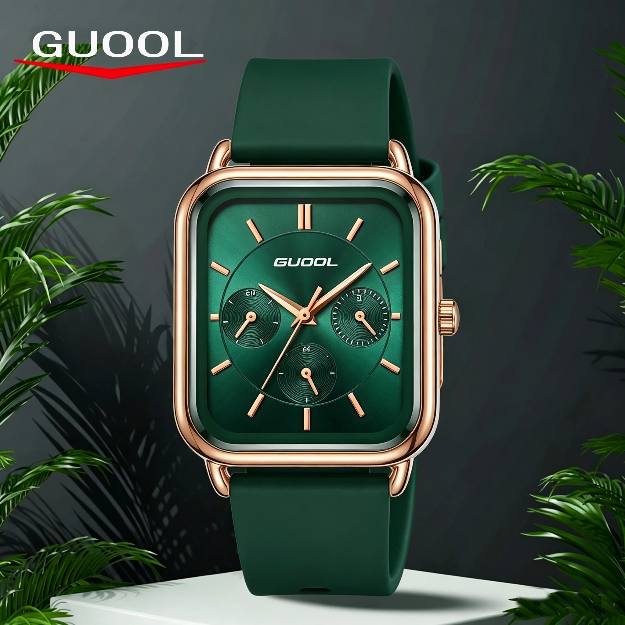 GUOOL Women's Fashion Quartz Watch Rose Gold Square Case Black Leather Strap Black Dial Decorative Multi-Dial Analog Wristwatch