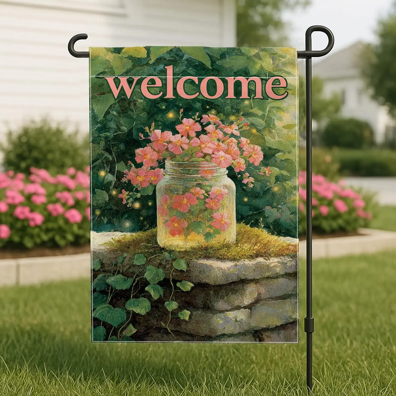 Welcome Floral Garden Flag, Peach Flower Jar Home Decor Banner, Double Sided Burlap Yard Flag Outdoor Lawn Decoration 12x18  yyi