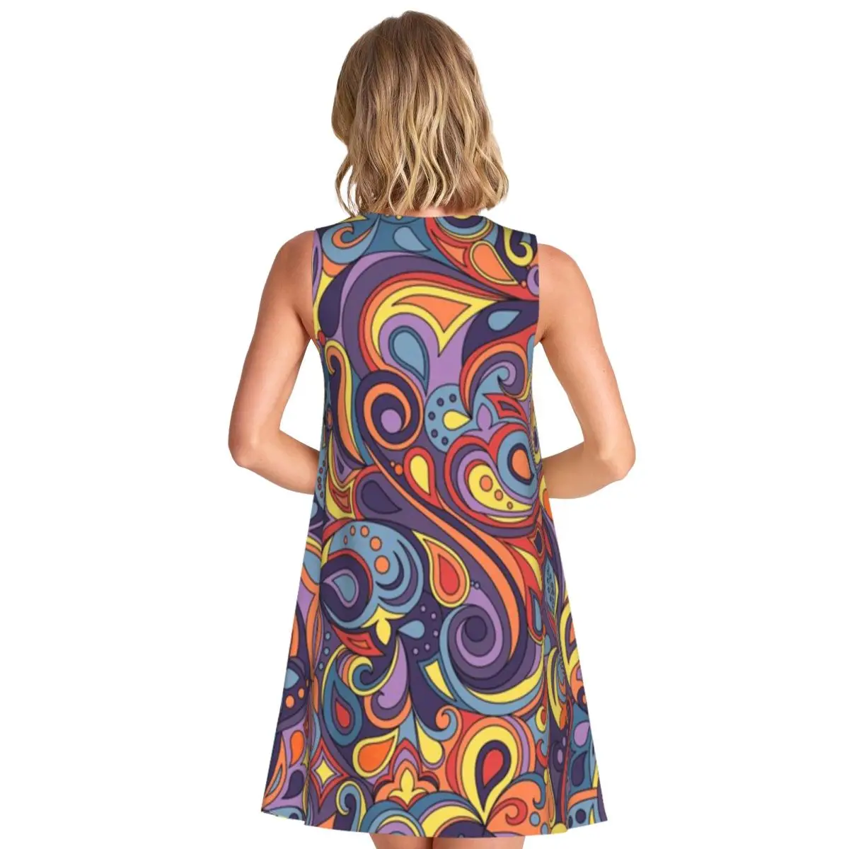 Colorful Retro Doodle Abstract Pattern Women's Sleeveless Forest Style Outing Mature Dress Puredesire Outing Dress