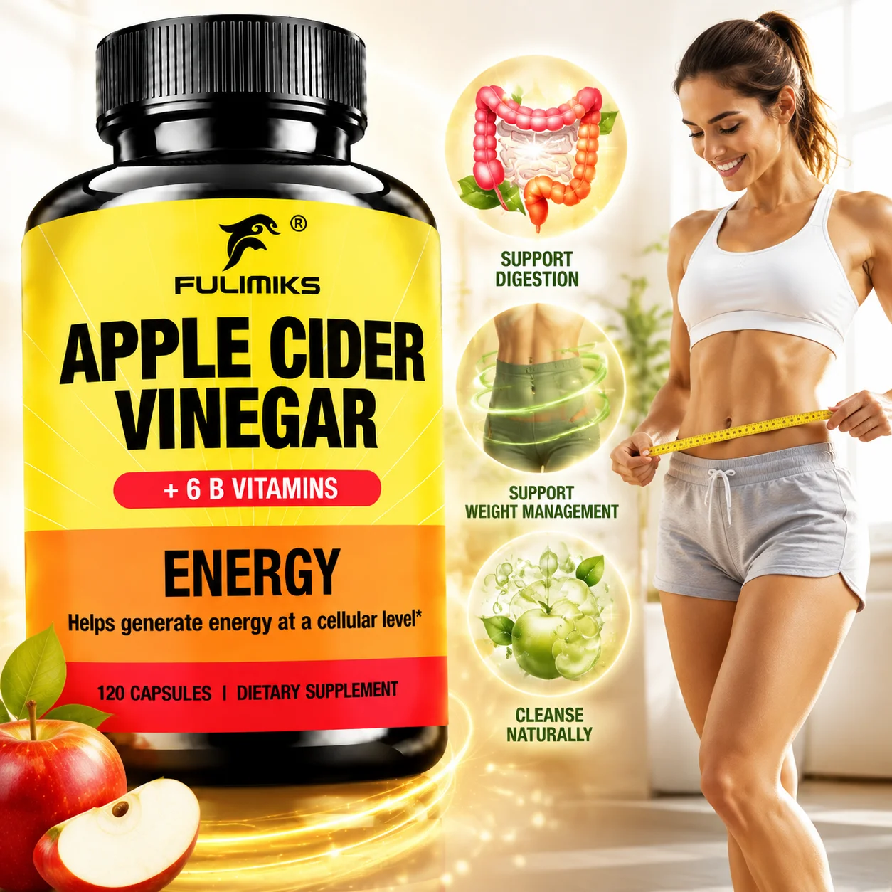 Natural ACV Plus Vitamin B Complex Supplement, Support Energy Relieve Stress & Sluggishness, Digestion Reduce Post-meal Bloating