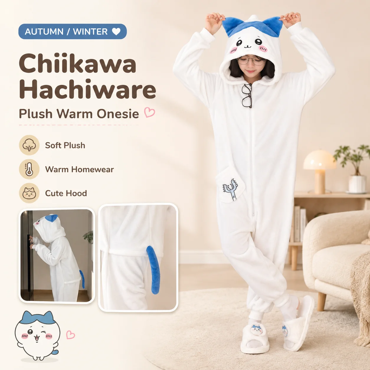 Winter Clothing Cute - Chiikawa Hachiware Pakaian Tidur Onesie Flanel