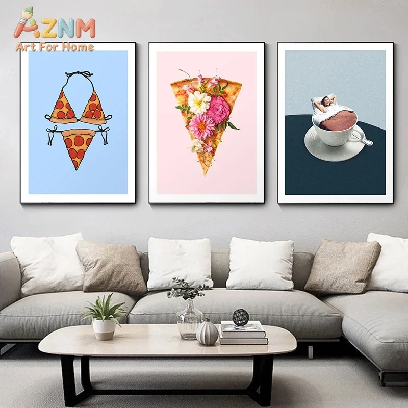 Fun Retro Food Collage Canvas Wall Art Pizza Waffle Coffee Surreal Poster Unframed Canvas Painting for Living Room Kitchen Home