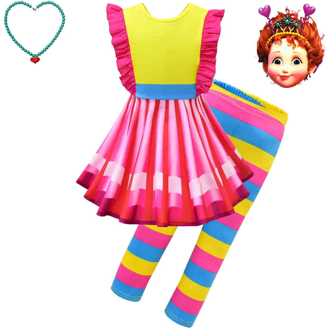 

Kids Anime Cartoon Fancy Nancy Ruffle Dress Mask Pants Necklace Set Outfit for Girls Christmas Halloween Cosplay Costume