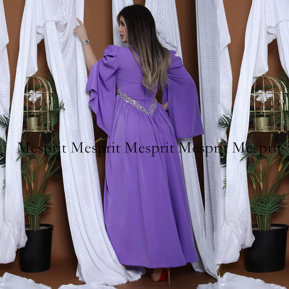 Lavanda-vestido de noche árabe saudí, traje de fiesta Formal con cuentas y cuello en V, manga larga, talla personalizada, línea A, 2024