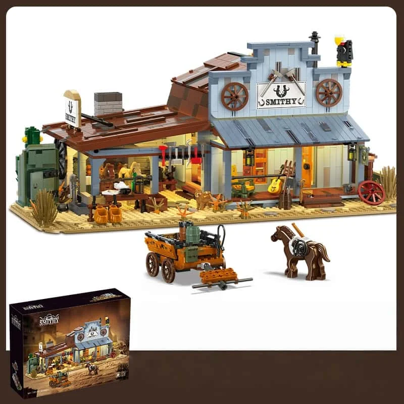 

MOC 2718PCS DIY Western Blacksmith Building Blocks Kit with Light-Up Parts, Create Streetscape, Ideal Gift for Home Decor