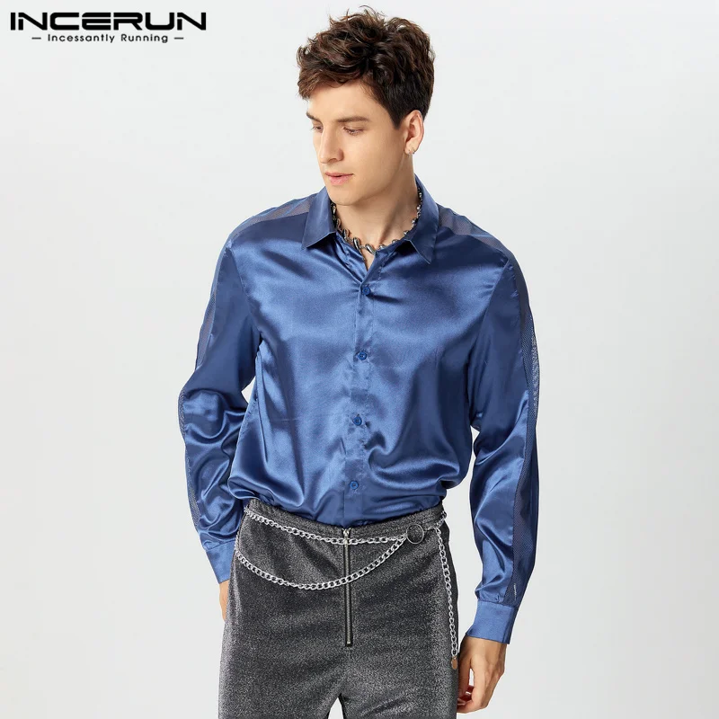 INCERUN Tops 2024 American Style Fashion Men\'s Mesh Hollow Splicing Satin Shirts Casual Party Show Hot Sale Long Sleeved Blouse