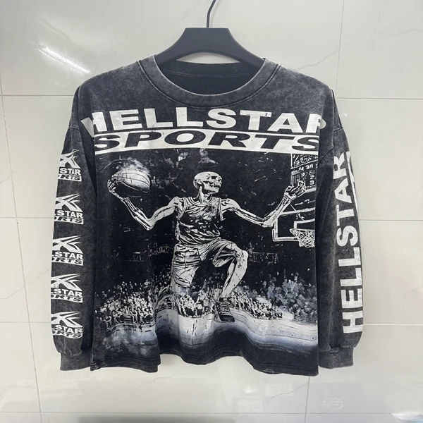 

Hell Star Skull Print Long Sve T-irt Men Women Street Sle Waed Vintage Baskeall Letter Bule oulder Loose Fit