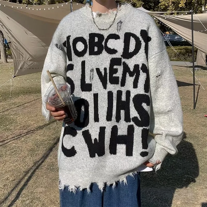 

Men High Street Warmth Comfort Loose Irregular Fringed Knitted Sweaters Couples Winter Chinese Trend Hip-hop Full-print Sweaters