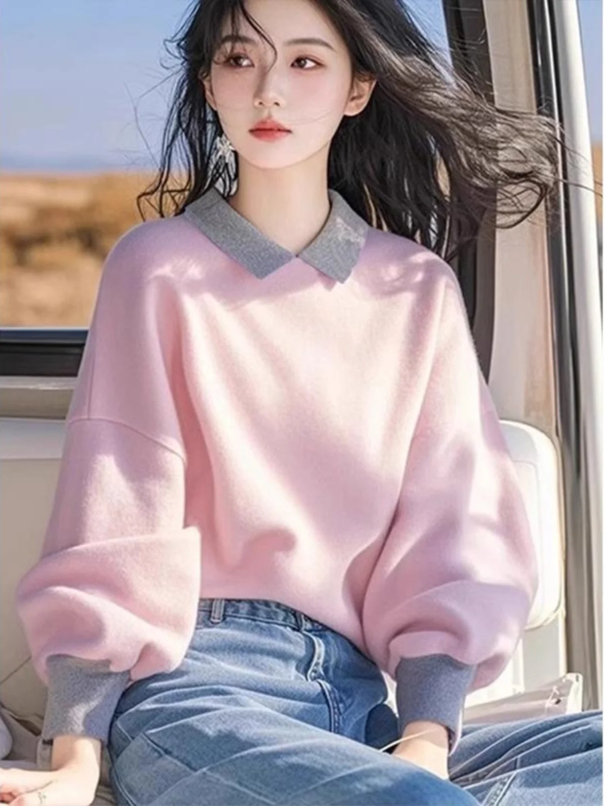 Modny, unikatowy różowy sweter w kształcie latarni, damski, wiosenny, nowy, wygodny, luźny krój, długi rękaw...