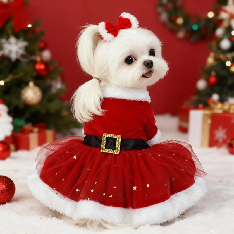 Samt-Weihnachtsmannkleid für Hunde mit Pailletten-Netzrock Flauschiger Weißer Besatz Elegantes Weihnachtsoutfit für Kleine Hunde Perfekt für Fotos – Detail 4