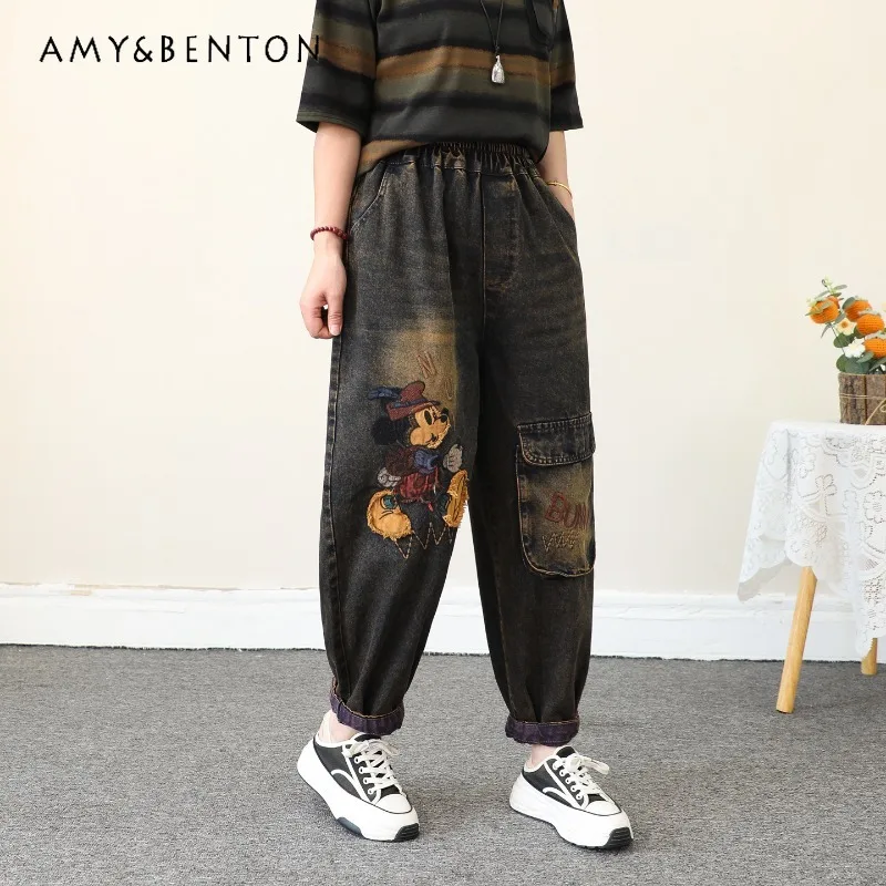 

Autumn Retro Cartoon Letter Embroidered Jeans For Women's Loose Slimming Large Pocket Rolled Hem Nine-point Harem Pants Ladies