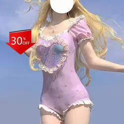 Little Twin Star Cartoon Anime One Piece Cute Pink Short Sleeved Coverall Thermal Spring Swimsuit with Hat Women Beach Bathing