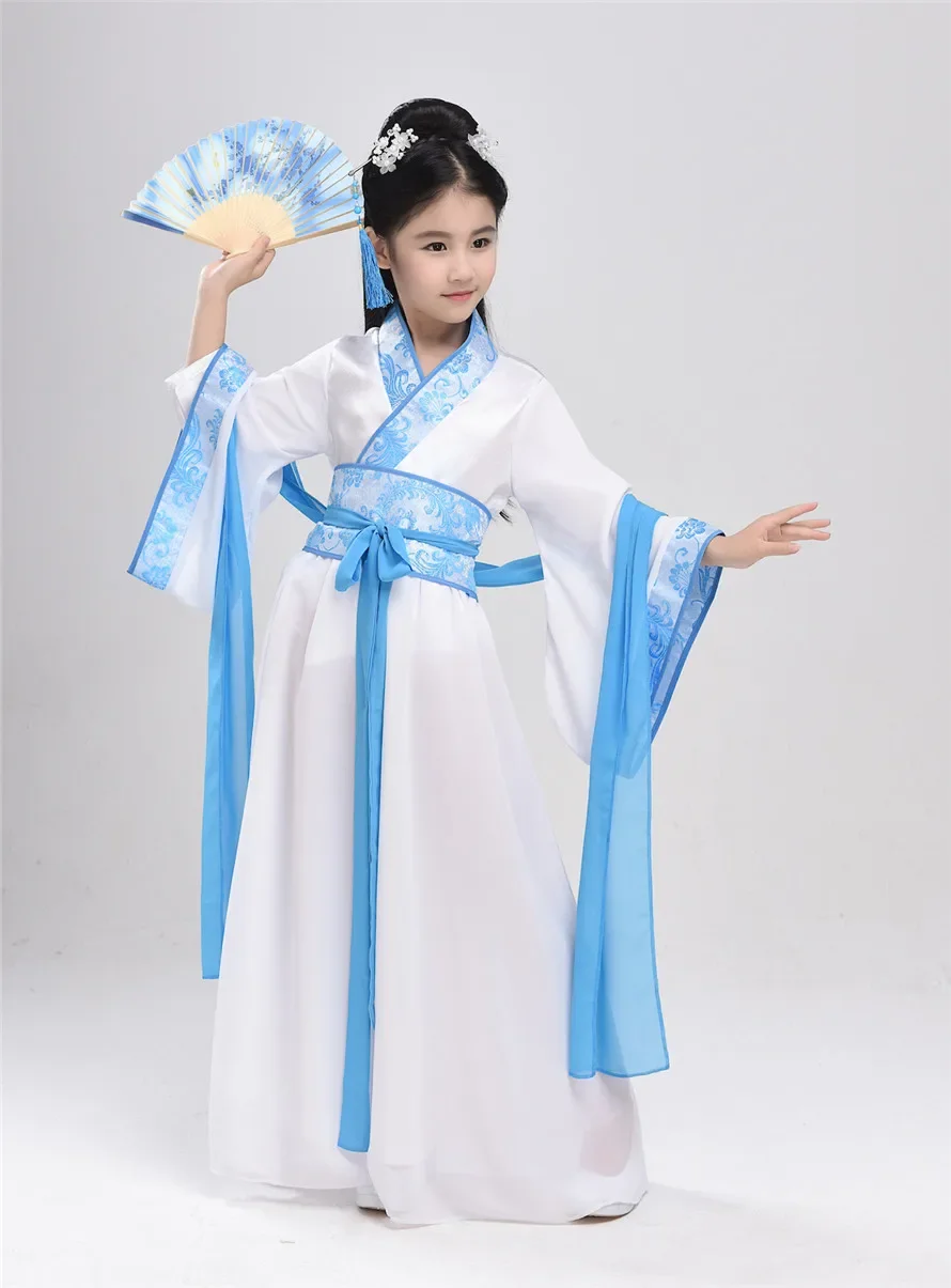 Traje de vestido de seda chinês para meninas, crianças quimono, fã étnico tradicional vintage, estudantes dança coro, hanfu