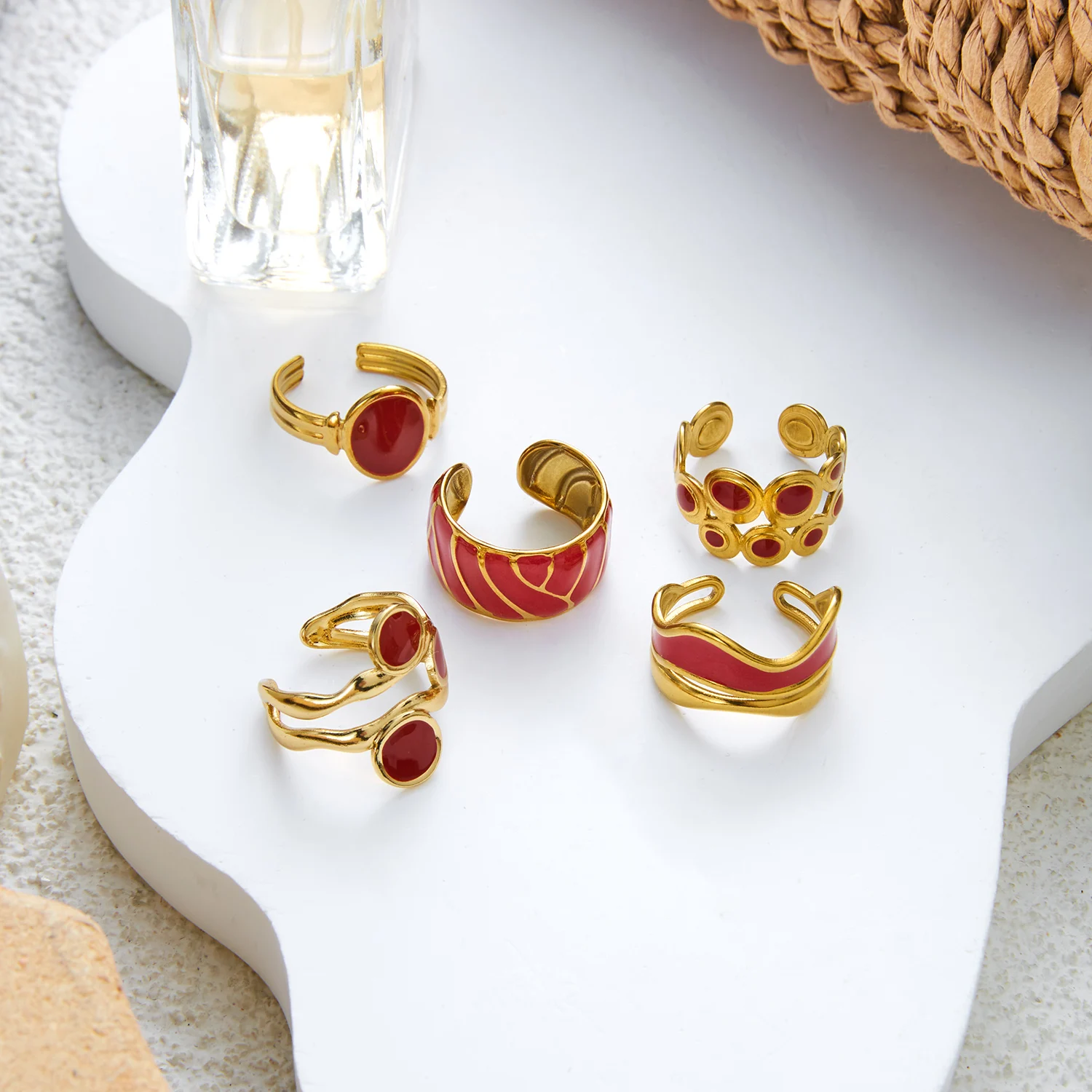 5-teiliges Set geometrischer Emaille-Edelstahlringe für Damen, hypoallergen, vergoldet, stapelbar, Party-Statement-Schmuckset, Geschenk – Detail 7