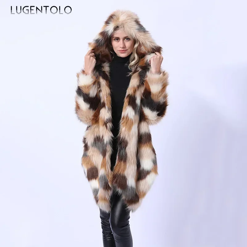 Women Faux Fur New Hooded Autumn Winter Faux Fox Fur Coat Fashion Large Size Lady 2023 Camouflage Cardigan Jacket