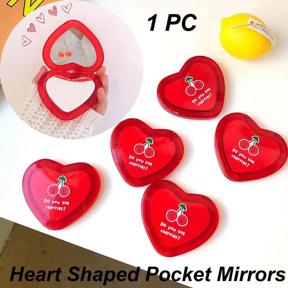 Folding Compact Heart Shaped Women Gifts Double-sided Cherry Pattern Cosmetic Mirrors Makeup Mirrors Pocket Mirrors Mirrors