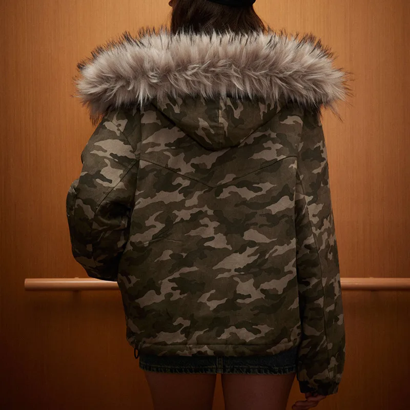 남성용 2024 겨울 브레드 재킷, 위장 면 재킷, 모피 칼라 코트, 미국 패션 브랜드, 두껍고 루즈한 면 재킷, 신상